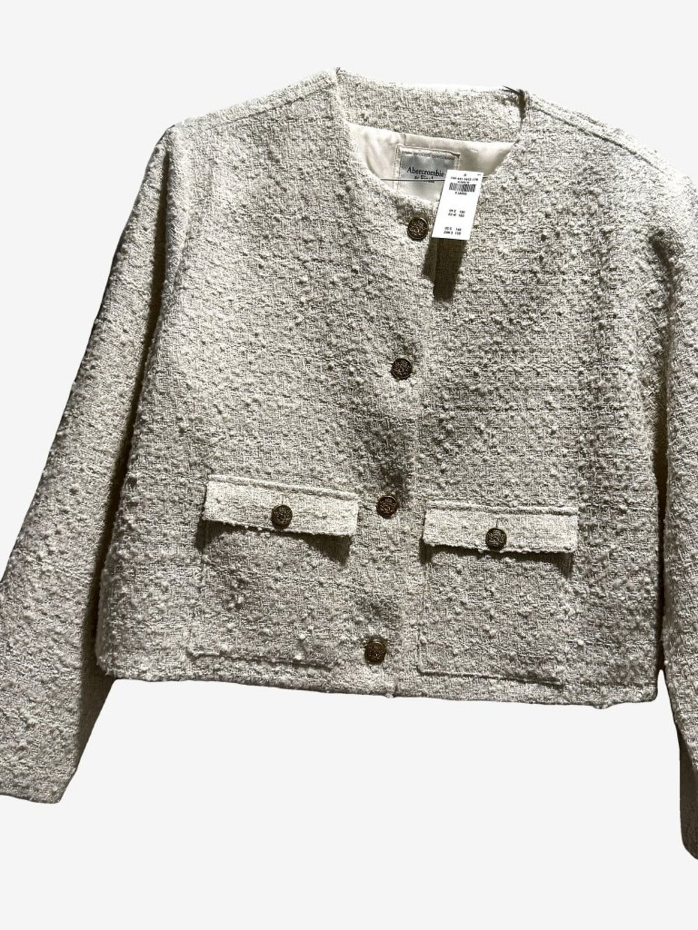 NWT Abercrombie & Fitch Cream Collarless Tweed Jacket Gold Buttons XL